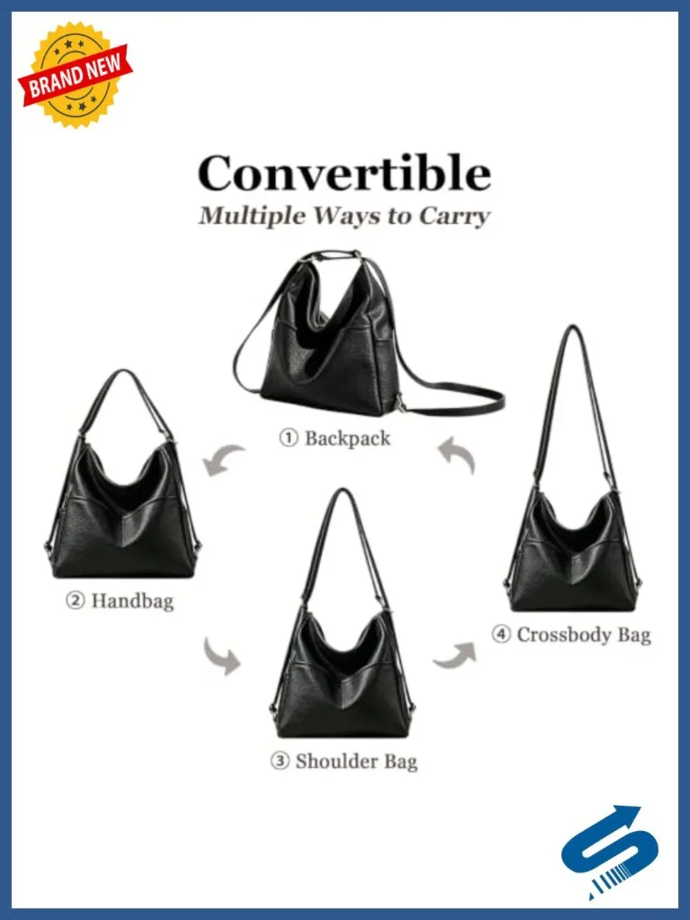 4-in-1 Convertible Backpack Purse for Women, PU Leather, Adjustable Strap